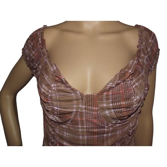 Just Polly Corset Top Jr XL Brown Pink Plaid peasant off-shoulder shirt blouse - Picture 2 of 7
